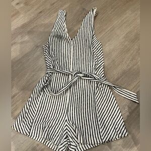 Striped Splendid V-Neck Sleeveless Romper with Tie Waist - Navy & Cream